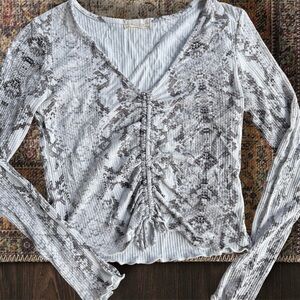 Altar'd State White and Brown Ruched V-Neck Snake Print Top